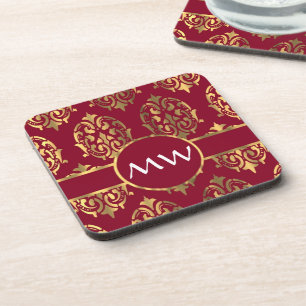 Red and gold monogram damask pattern coaster