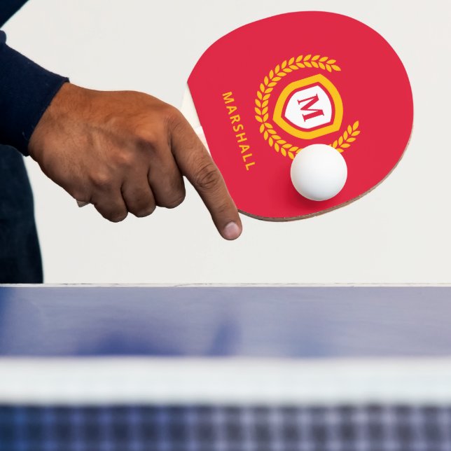 Red and Gold Monogram Logo Crest Ping Pong Paddle (Insitu)