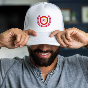 Red and Gold Monogram Logo Crest Trucker Hat