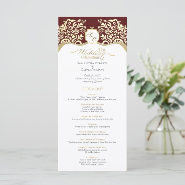  Red and Gold Monogram Wedding Program Programme (Standing Front)
