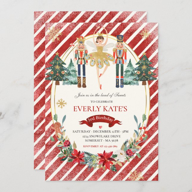 Red And Gold Nutcracker Birthday Sugar Plum Fairy Invitation (Front/Back)