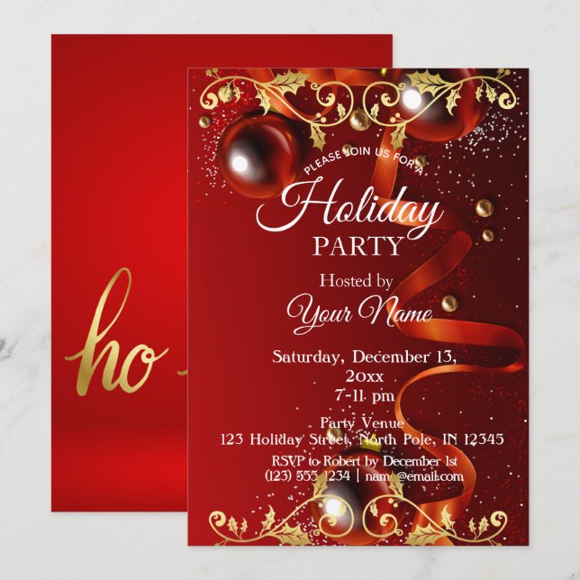 Red and Gold Ornament Party Christmas Invitation (Front/Back)