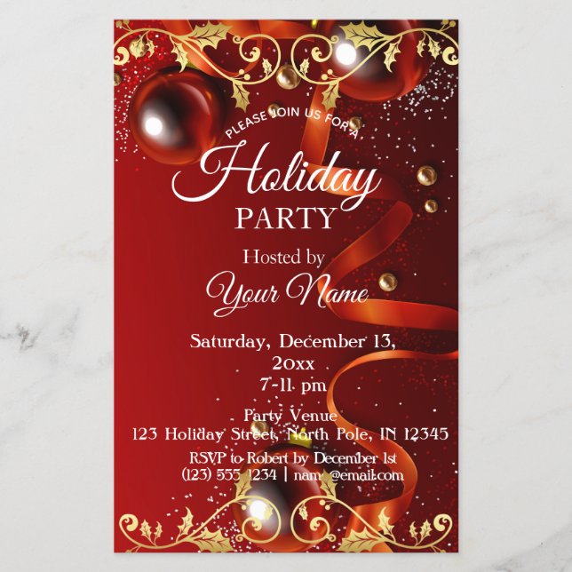 Red and Gold Ornament Party Christmas Invitation Flyer (Front)