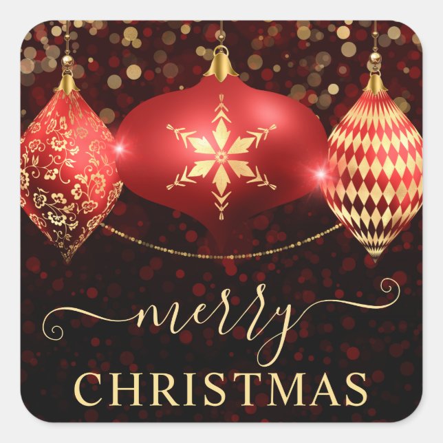Red and Gold  Ornaments Baubles Christmas Square Sticker (Front)