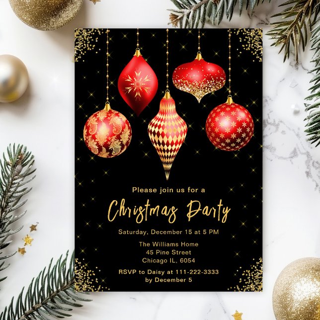 Red and Gold Ornaments Christmas Party Invitation (Creator Uploaded)