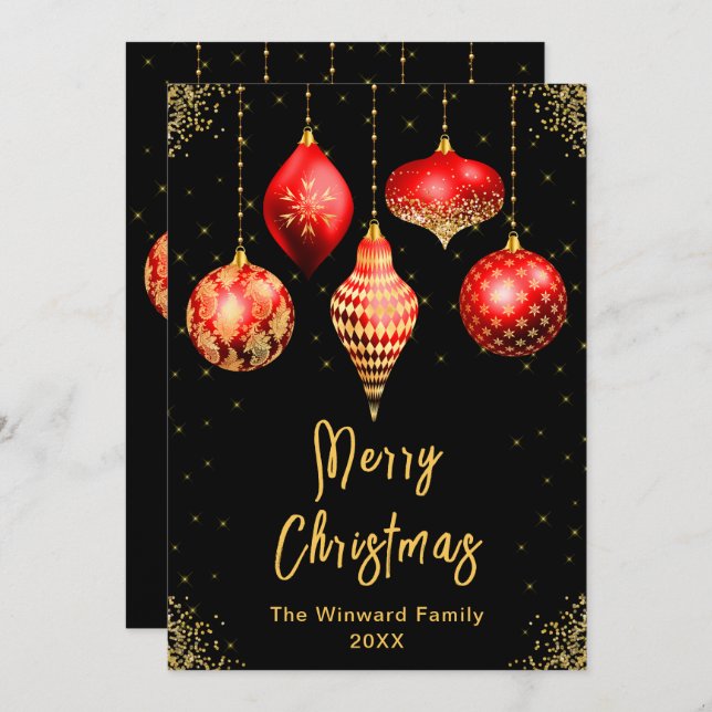 Red and Gold Ornaments Merry Christmas Holiday Card (Front/Back)