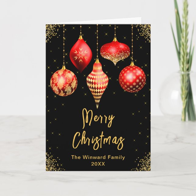 Red and Gold Ornaments Merry Christmas Holiday Card (Front)