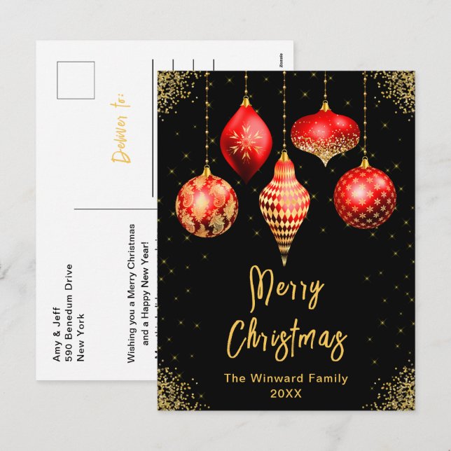 Red and Gold Ornaments Merry Christmas Holiday Postcard (Front/Back)