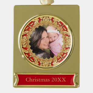 Red and Gold Ornate Custom Photo Plated Banner Ornament