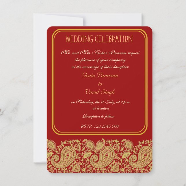 Red and gold paisley Hindu wedding Invitation (Front)