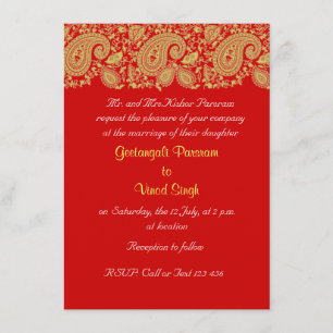 Red and gold  paisley Indian Wedding Invitation