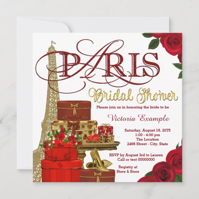 Red and Gold Paris Bridal Shower Invitation (Front)