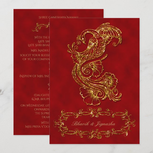 Red and Gold Peacock Indian Wedding Invitation (Front/Back)
