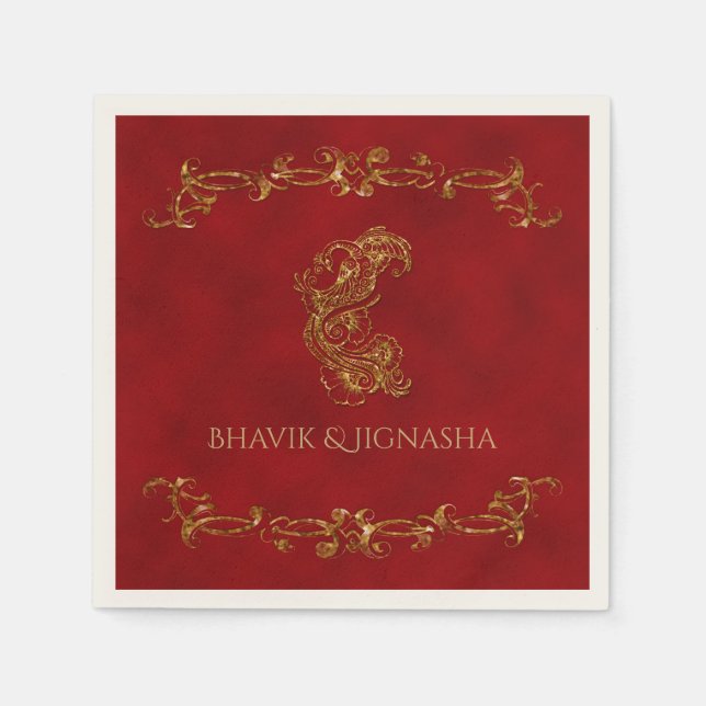Red and Gold Peacock Indian Wedding Napkin (Front)