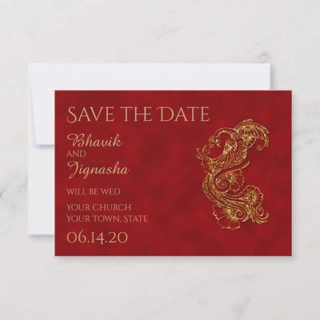 Red and Gold Peacock Indian Wedding Save the Date (Front)