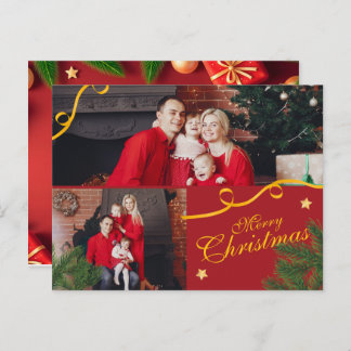 Red and Gold Photo Family Merry Christmas Happy Holiday Postcard