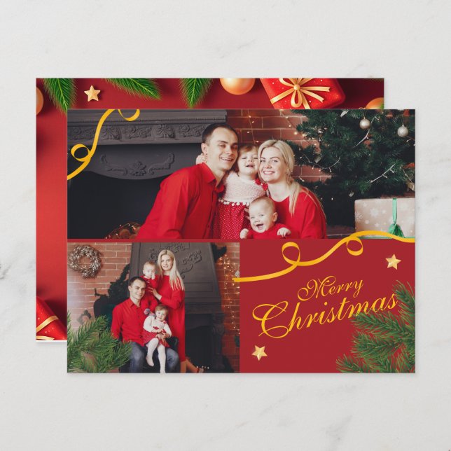 Red and Gold Photo Family Merry Christmas Happy Holiday Postcard (Front/Back)