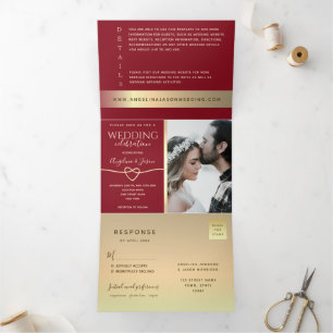Red and Gold Photo Wedding Tri-Fold Invite