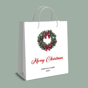 Red and gold pine wreath Christmas bag custom name