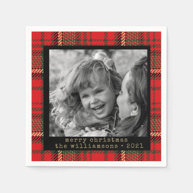 Red and Gold Plaid Family Photo Christmas  Napkin (Front)
