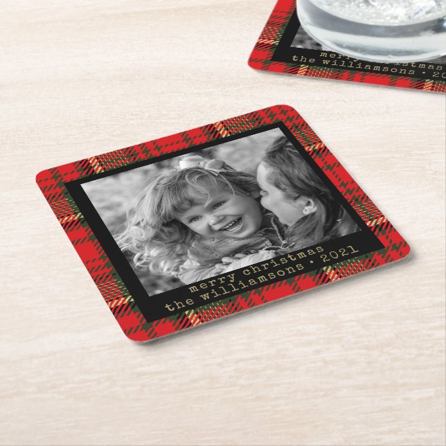 Red and Gold Plaid Family Photo Christmas  Square Paper Coaster (Angled)