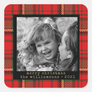 Red and Gold Plaid Family Photo Christmas Sticker