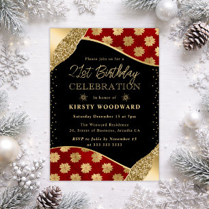 Red and Gold Poinsettia 21st Birthday Invitation