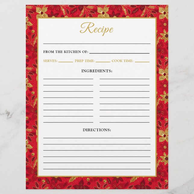 Red and Gold Poinsettia Flowers Recipe Page (Front)