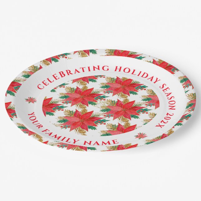 Red and gold poinsettia pattern paper plate (Angled)