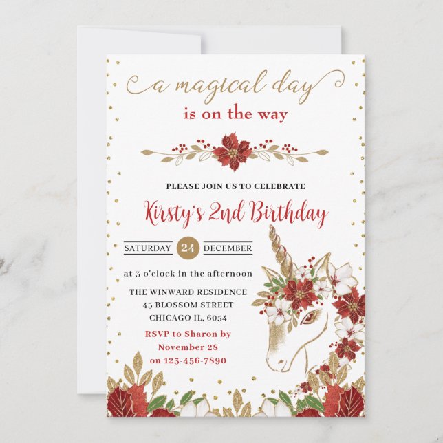 Red and Gold Poinsettia Unicorn Face Birthday Invitation (Front)