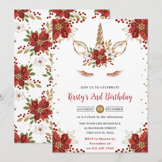 Red and Gold Poinsettia Unicorn Face Birthday Invitation (Front/Back)