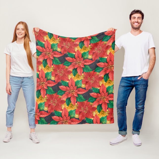 Red and Gold Poinsettias Christmas Fleece Blanket (In Situ)