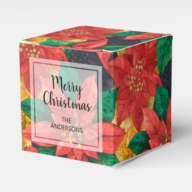 Red and Gold Poinsettias Christmas Holiday Favour Box (Front Side)