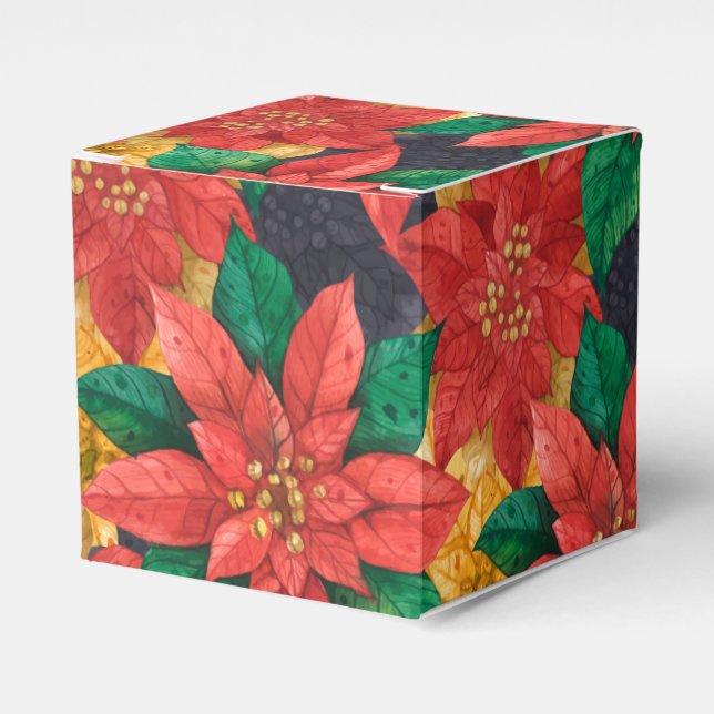 Red and Gold Poinsettias Christmas Holiday Favour Box (Front Side)