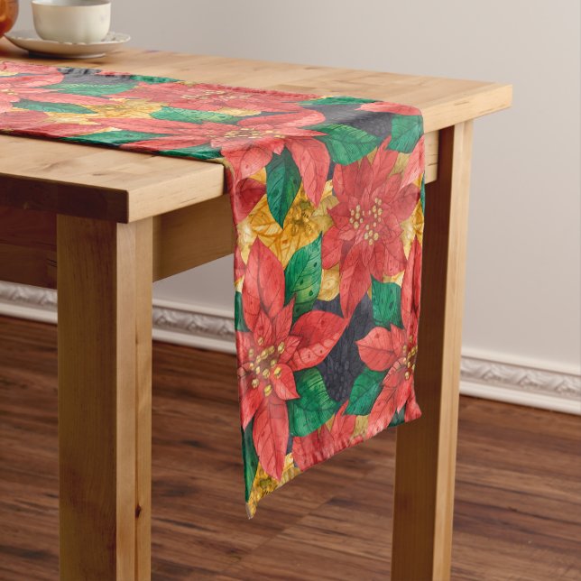 Red and Gold Poinsettias Flowers Holiday Christmas Long Table Runner (In Situ)