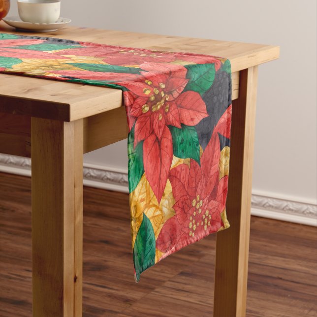Red and Gold Poinsettias Flowers Holiday Christmas Short Table Runner (In Situ)