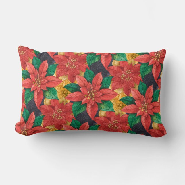 Red and Gold Poinsettias Holiday Christmas Lumbar Cushion (Front)