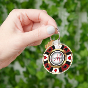 Red and Gold Poker Chip Design - Monogram Key Ring