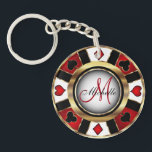 Red and Gold Poker Chip Design - Monogram Key Ring<br><div class="desc">📌PLEASE READ!! Monogram Red and Faux Gold Poker Chip design keychain ready for you to personalise. ⭐This Product is 100% Customisable. Graphics and/or text can be added, deleted, moved, resized, changed around, rotated, etc... 99% of my designs in my store are done in layers. This makes it easy for you...</div>