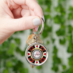 Red and Gold Poker Chip Design - Monogram Key Ring