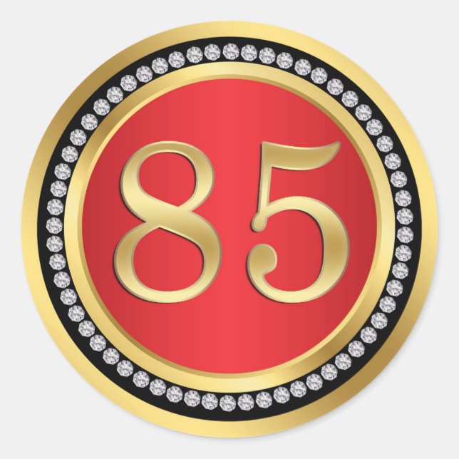 Red and gold, printed diamonds 85th Birthday Party Classic Round Sticker (Front)