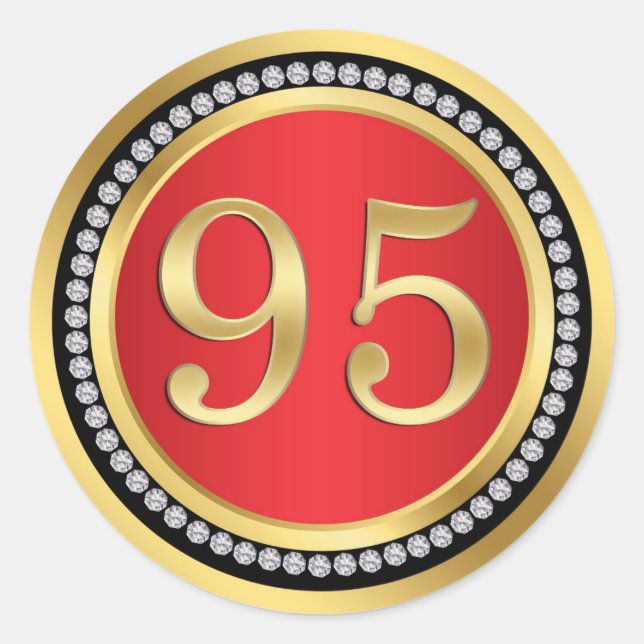 Red and gold, printed diamonds 95th Birthday party Classic Round Sticker (Front)