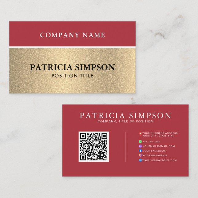 Red and Gold QR Code with Social Media & Web Links Business Card (Front/Back)