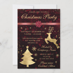 Red and Gold Reindeer and Tree Christmas Party Invitation