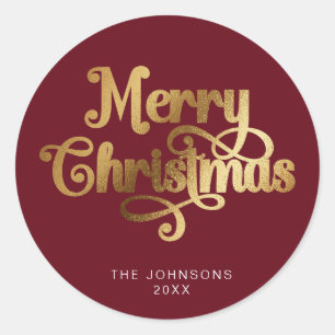 Red and Gold Retro Merry Christmas Script Custom Classic Round Sticker