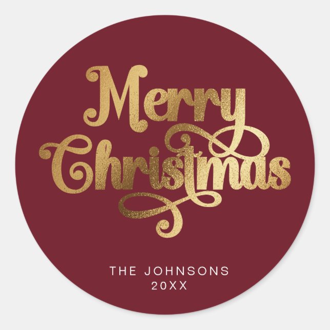 Red and Gold Retro Merry Christmas Script Custom Classic Round Sticker (Front)