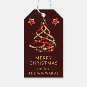 Red and Gold Ribbon & Glitter Christmas Tree Gift Tags