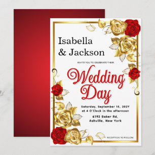 Red And Gold Rose Floral Wedding Invitation