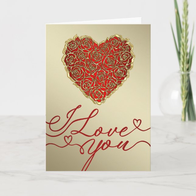 Red and Gold Rose Heart I Love You  Card (Front)