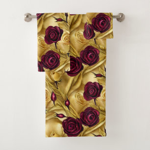 Red and Gold Roses Bath Towel Set